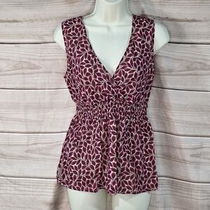 Eddie Bauer Peplum Top Sleeveless Tank Plum Mulberry Wine Leaf Print S
